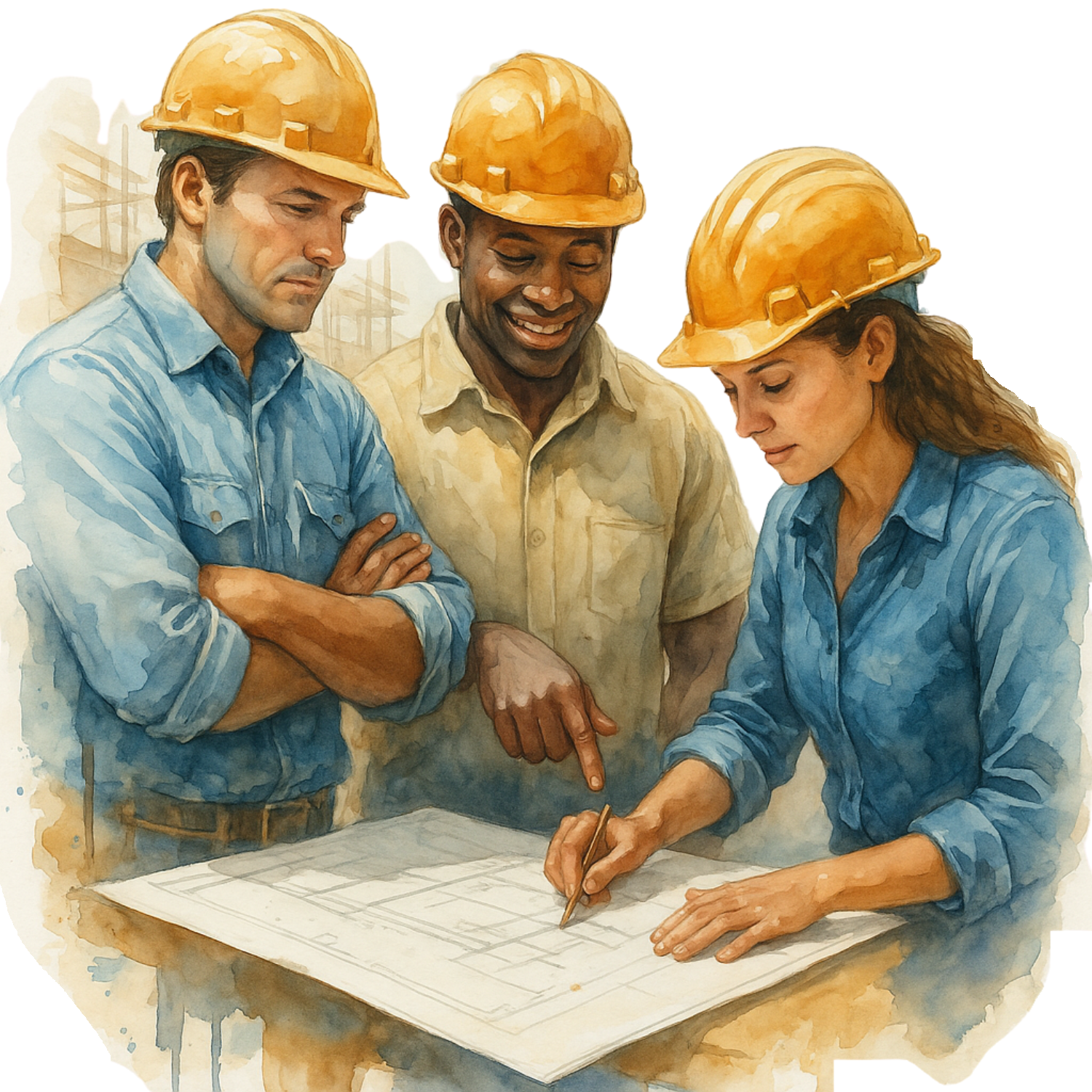 3 Construction Workers and Blueprints 3 Construction Workers with Blueprints